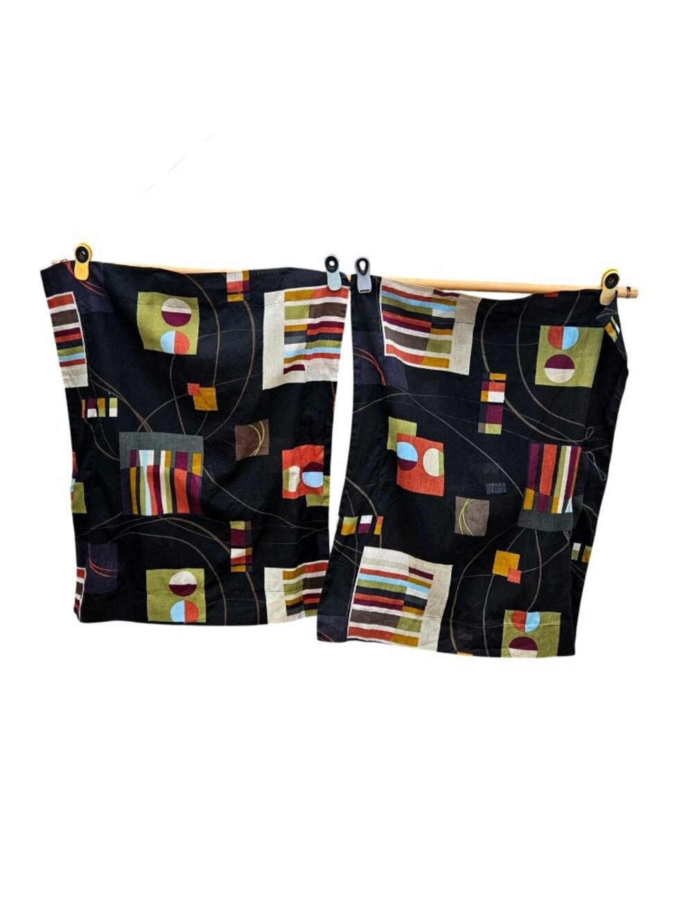 Vintage Modernist Print Pillow Shams Black Multi Cotton Poly Pair Arley Corp